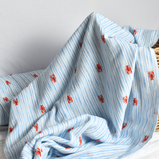 Blue Striped Lobster Cotton Muslin Fabric 120gsm