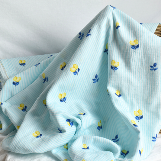 Blue Striped Lemon Cotton Muslin Fabric 120gsm