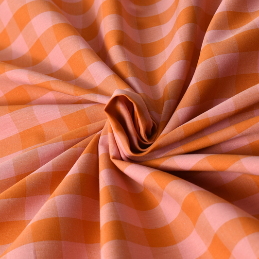 Orange Pink Gingham Check 100% Cotton Fabric 115gsm