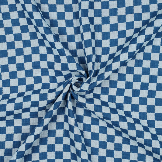 Blue Double Gauze Check Fabric 100% Cotton 120gsm