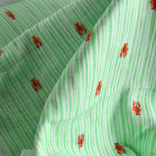 Green Striped Lobster Cotton Muslin Fabric 120gsm