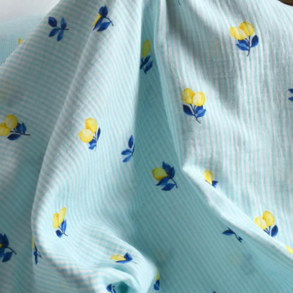 Blue Striped Lemon Cotton Muslin Fabric 120gsm