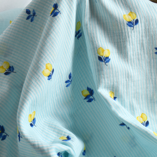 Blue Striped Lemon Cotton Muslin Fabric 120gsm