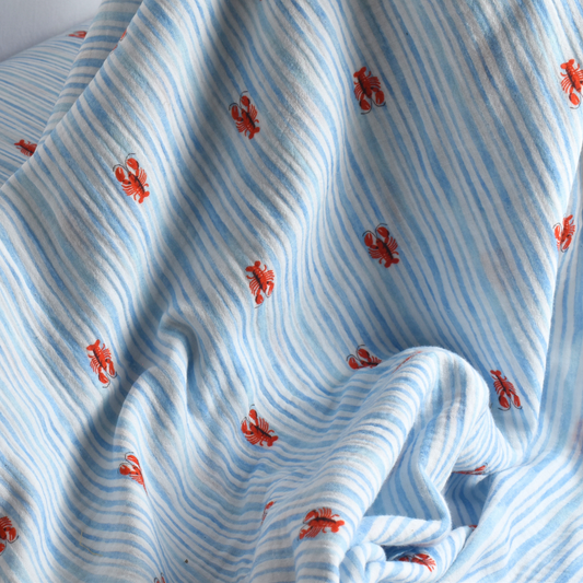 Blue Striped Lobster Cotton Muslin Fabric 120gsm