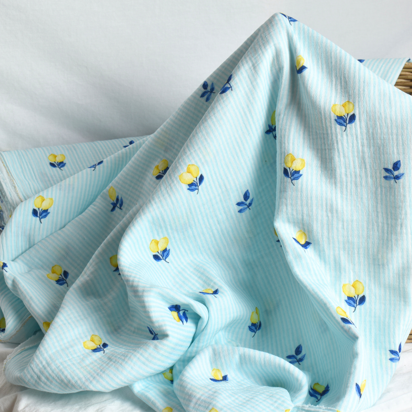 Blue Striped Lemon Cotton Muslin Fabric 120gsm