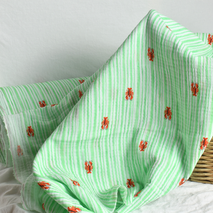 Green Striped Lobster Cotton Muslin Fabric 120gsm