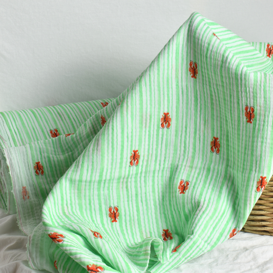Green Striped Lobster Cotton Muslin Fabric 120gsm