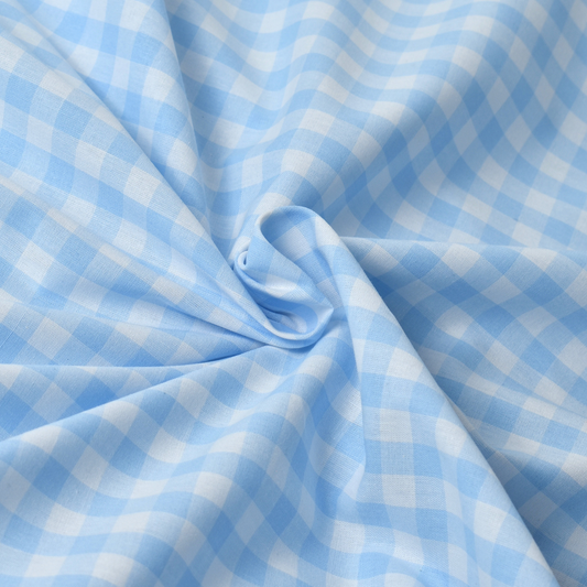 Baby Blue Gingham Check 100% Cotton Poplin Fabric – 110gsm