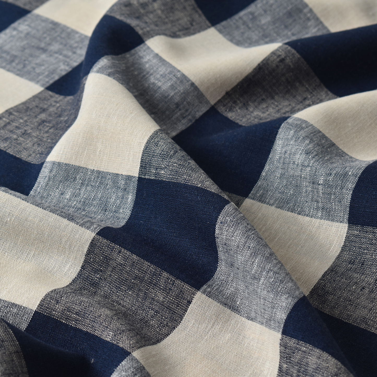 Navy Blue Large Gingham Linen Viscose Fabric – 145gsm