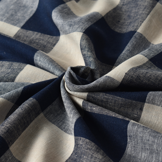 Navy Blue Large Gingham Linen Viscose Fabric – 145gsm