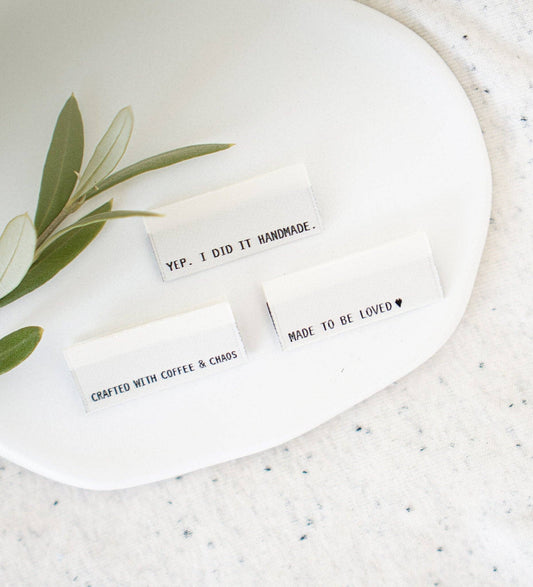 Woven Sew-in Labels "Crafted with Coffee & Chaos", Pack of 4