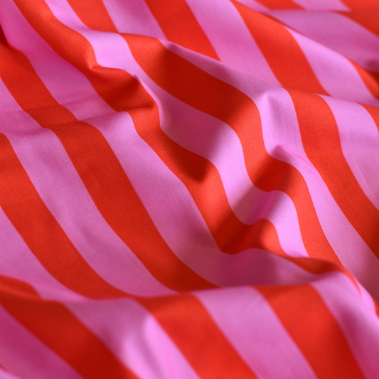 Hot Pink Cherry Striped Cotton Poplin Fabric for Clothing and Sewing Projects 100gsm