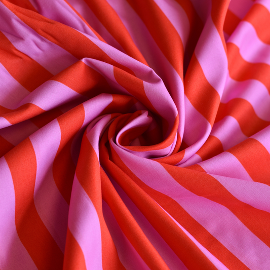 Hot Pink Cherry Striped Cotton Poplin Fabric for Clothing and Sewing Projects 100gsm
