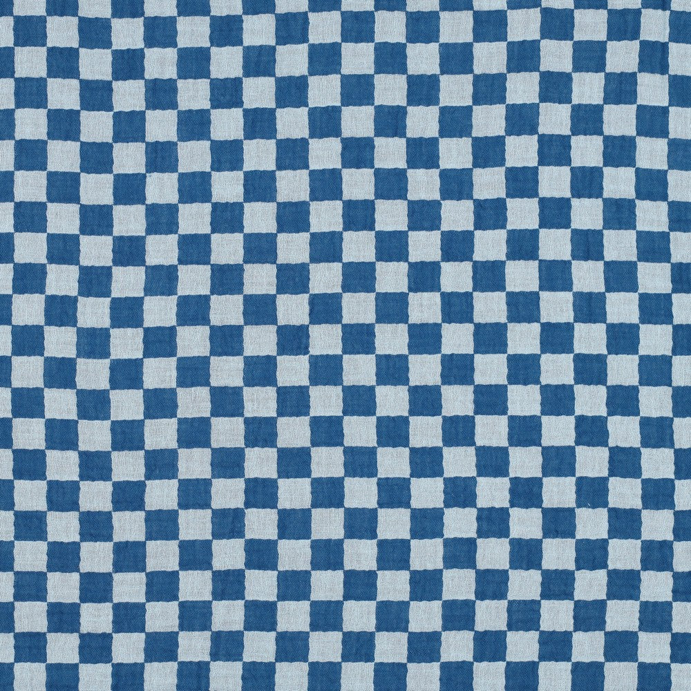 Blue Double Gauze Check Fabric 100% Cotton 120gsm