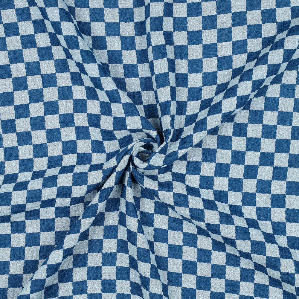 Blue Double Gauze Check Fabric 100% Cotton 120gsm