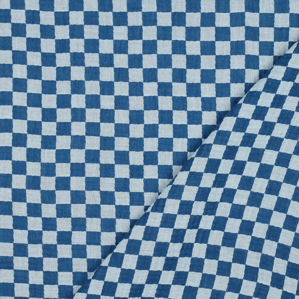 Blue Double Gauze Check Fabric 100% Cotton 120gsm
