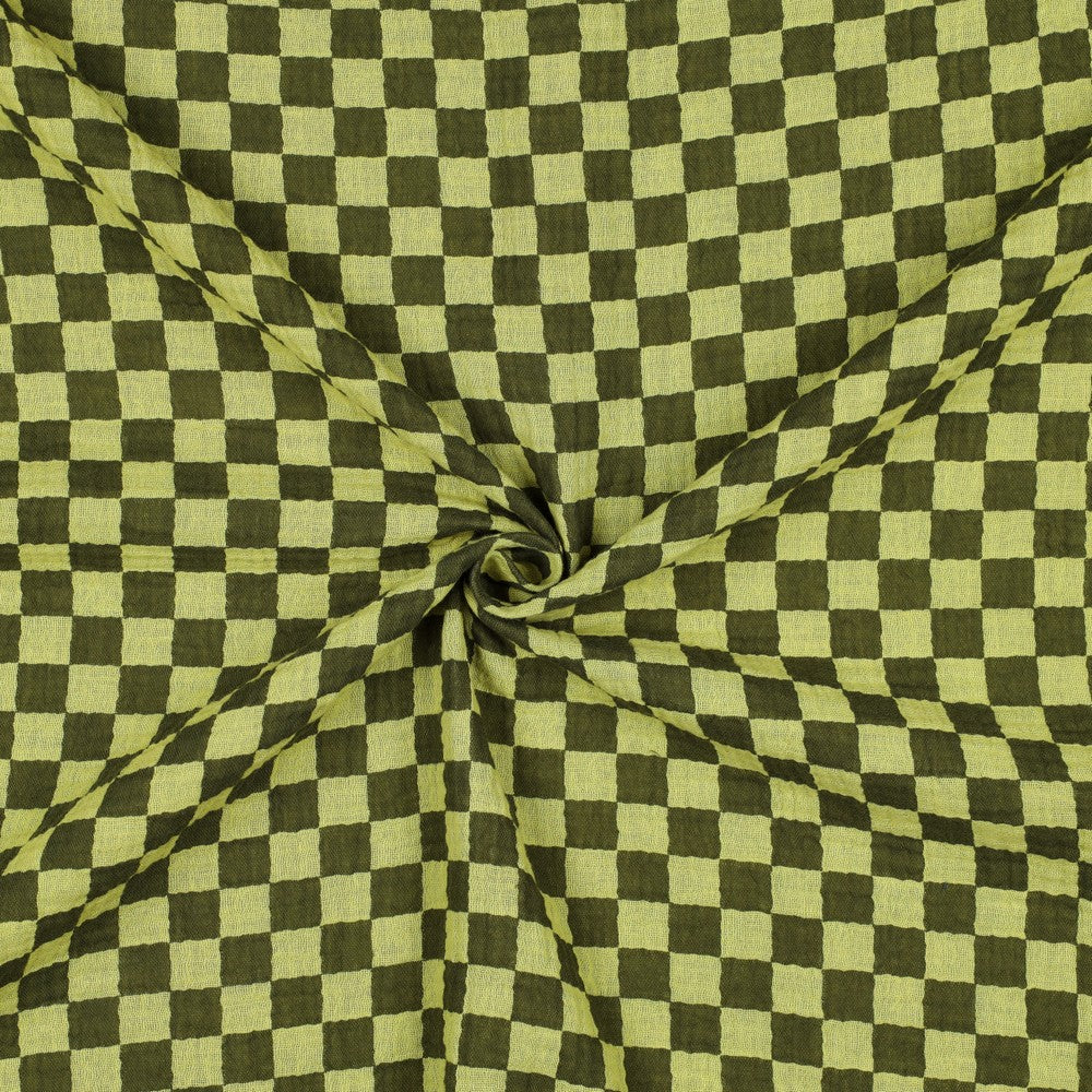 Green Double Gauze Check Fabric 100% Cotton 120gsm