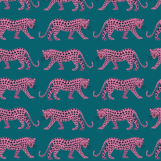 Pink Teal Leopard Cotton Fabric for Quilting and Clothing 145gsm