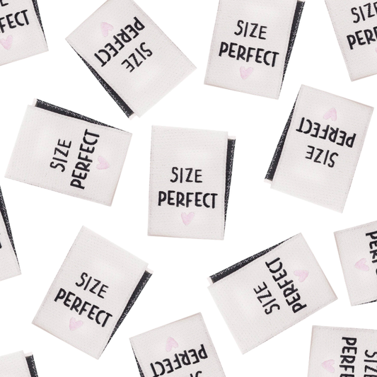 Woven Sewing Labels "Size Perfect", Pack of 4