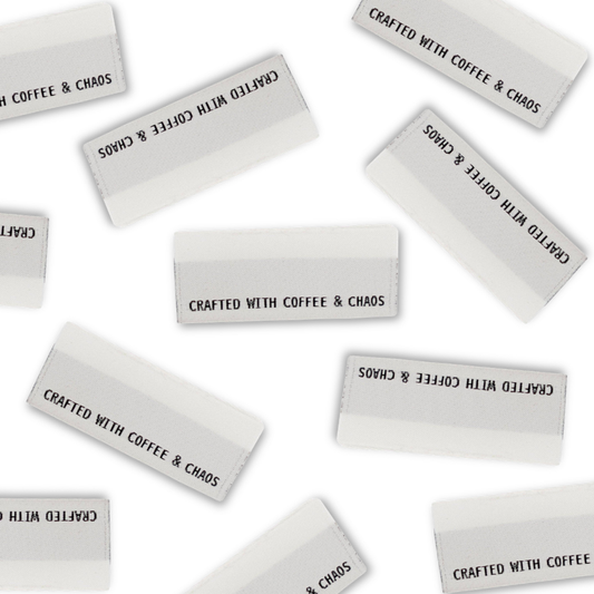 Woven Sew-in Labels "Crafted with Coffee & Chaos", Pack of 4