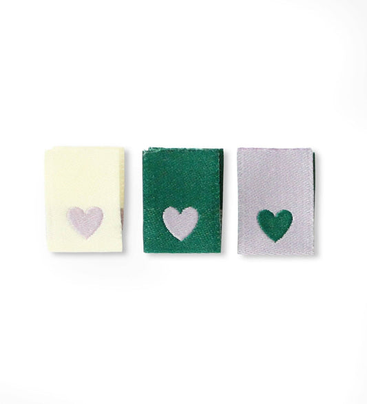 Mini Folded Web Label *Hearts Ecru/Purple/Green* - Set of 3