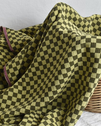 Green Double Gauze Check Fabric 100% Cotton 120gsm